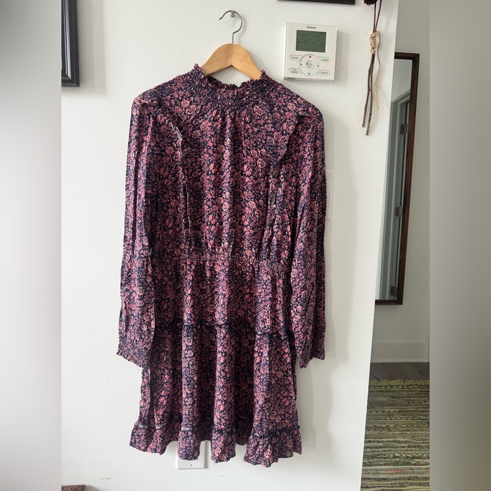 Susina Pink and Navy Floral Ruffle Long Sleeve Dress
